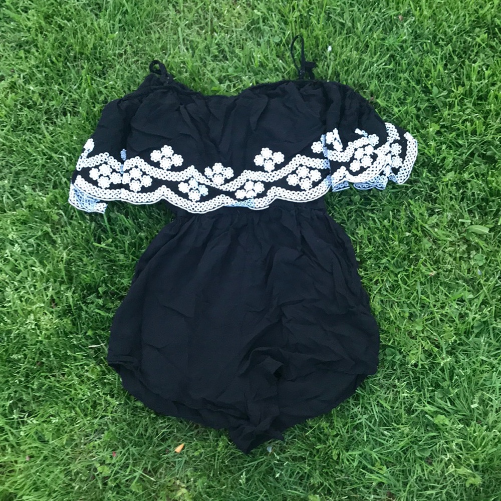 Floral embroidered off the shoulder romper